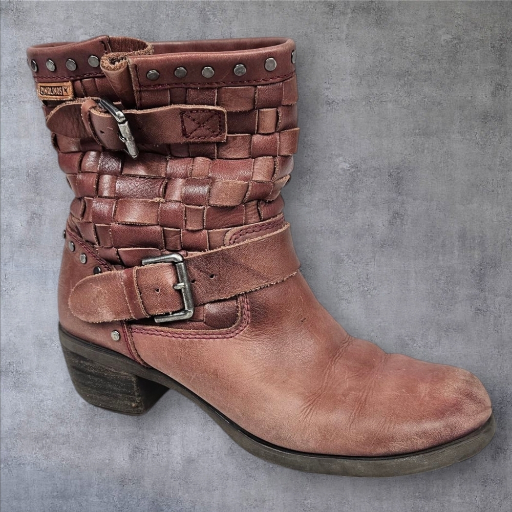Pikolinos Le Mans Woven Leather Dusty Rose Heeled Moto Boots Size 37 EU Women's